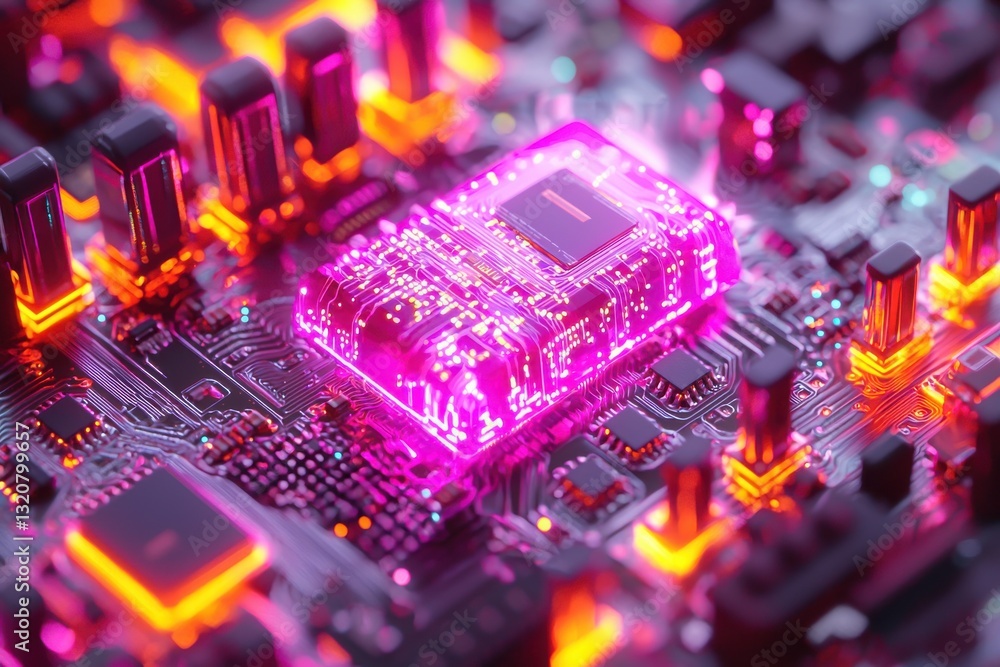 Poster close-up of a futuristic glowing circuit board with intricate patterns and vibrant neon pink and ora