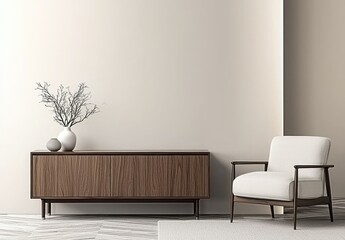 Minimalistic living room interior with a wooden coffee table and a white armchair. mock up
