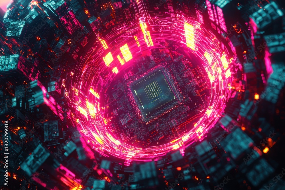 Poster abstract digital landscape showcasing a central computer processor in a glowing tunnel, surrounded b