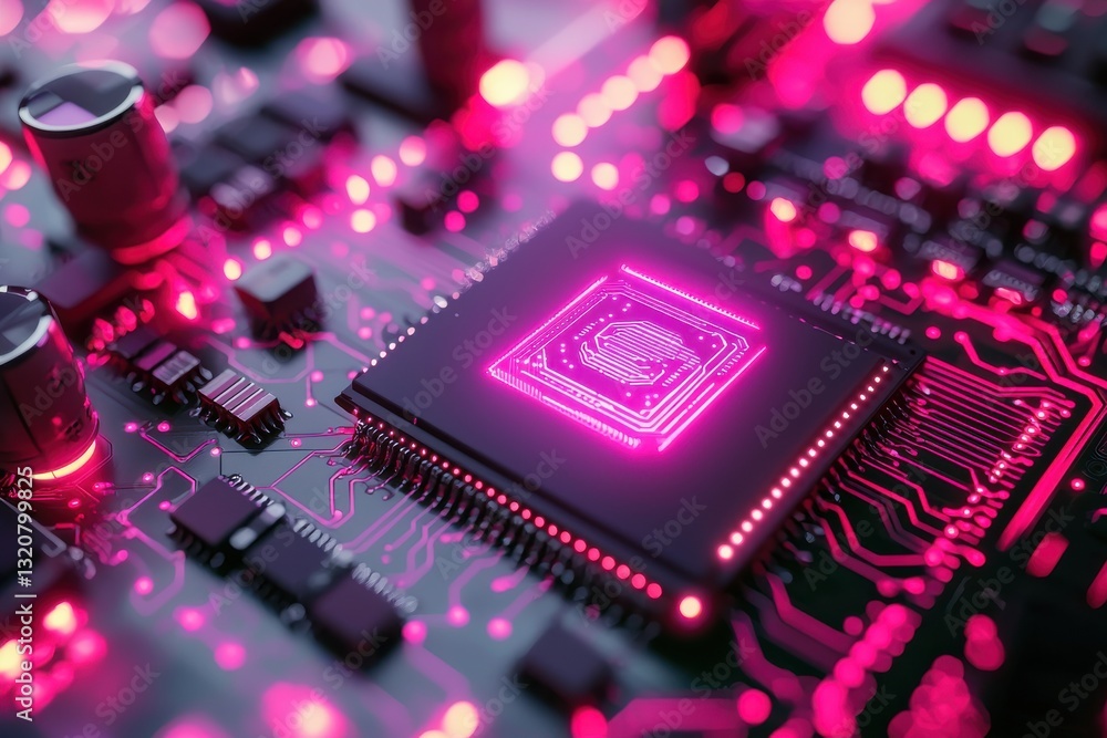 Poster a close-up of a modern computer circuit board featuring a central processing unit with pink illumina