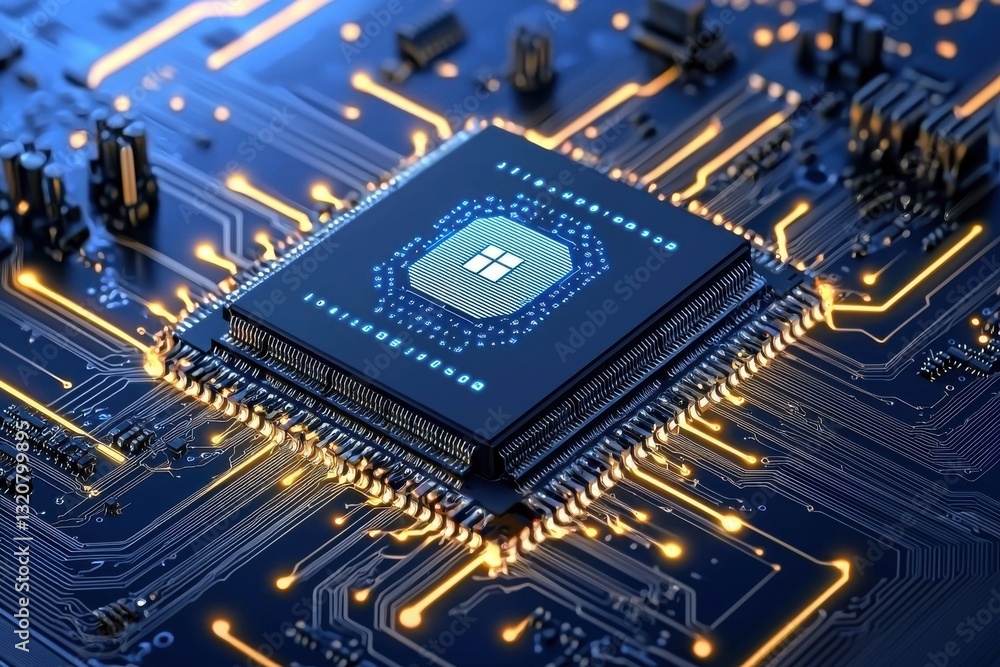Poster detailed view of a computer circuit board with a central processor featuring glowing blue and orange