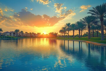 Obraz premium Vibrant Sunset Over Calm Lake Surrounded by Palm Trees