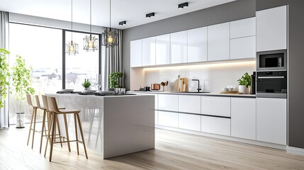 Fototapeta premium Modern White Kitchen Interior Design - Minimalist design