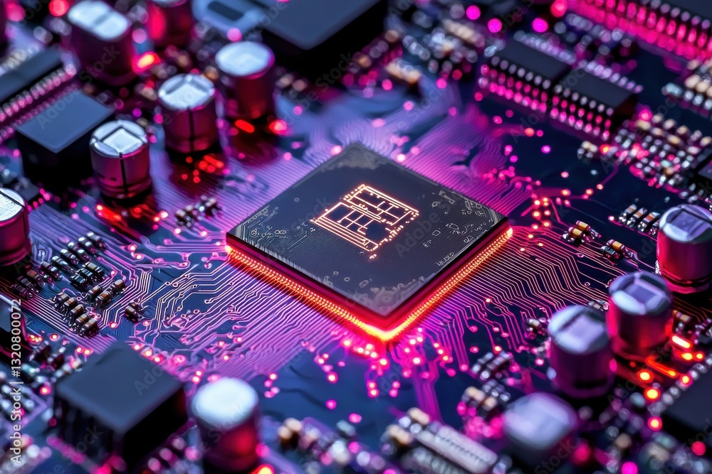 Poster an abstract and vibrant close-up of a computer motherboard featuring a glowing central processing un