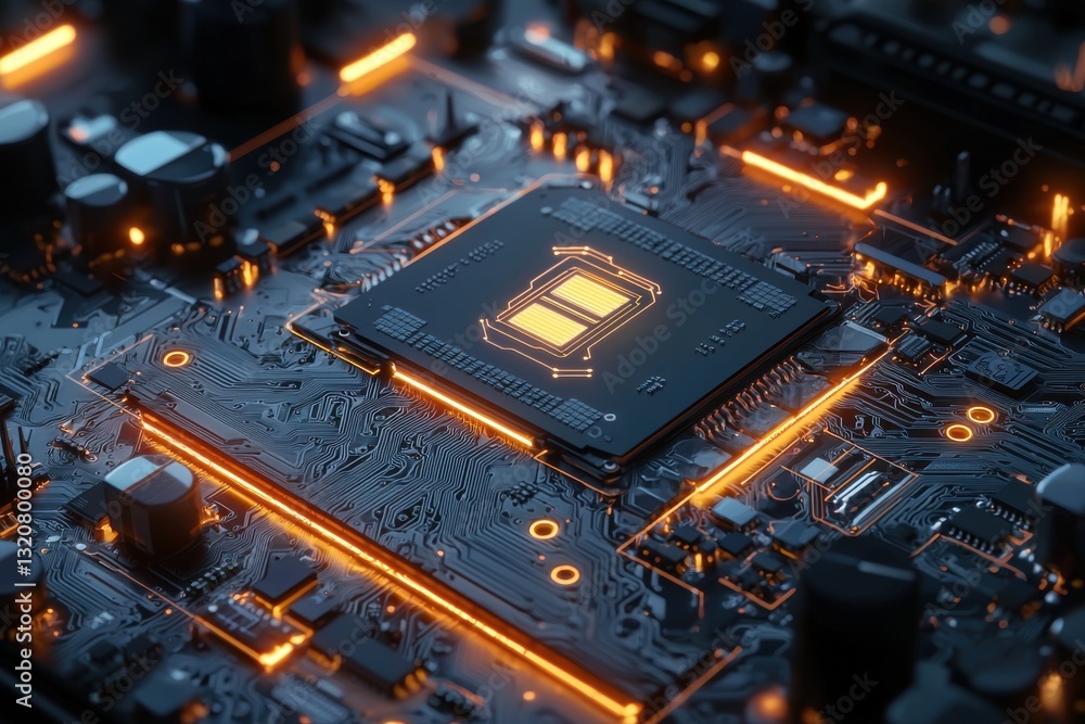 Poster a high-angle close-up captures the intricate details of a computer motherboard, illuminated by glowi