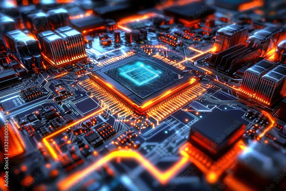 Poster a detailed close-up of a modern computer motherboard with glowing circuits and a central processing 