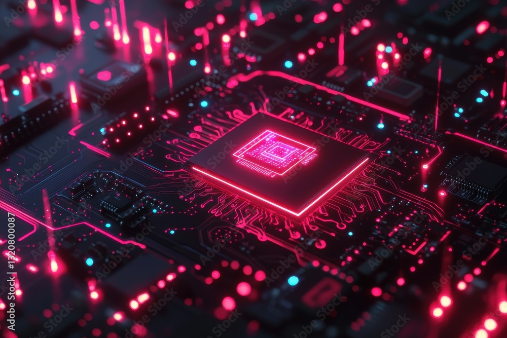 Poster a futuristic computer motherboard illuminated with neon pink circuits and a central processing unit,