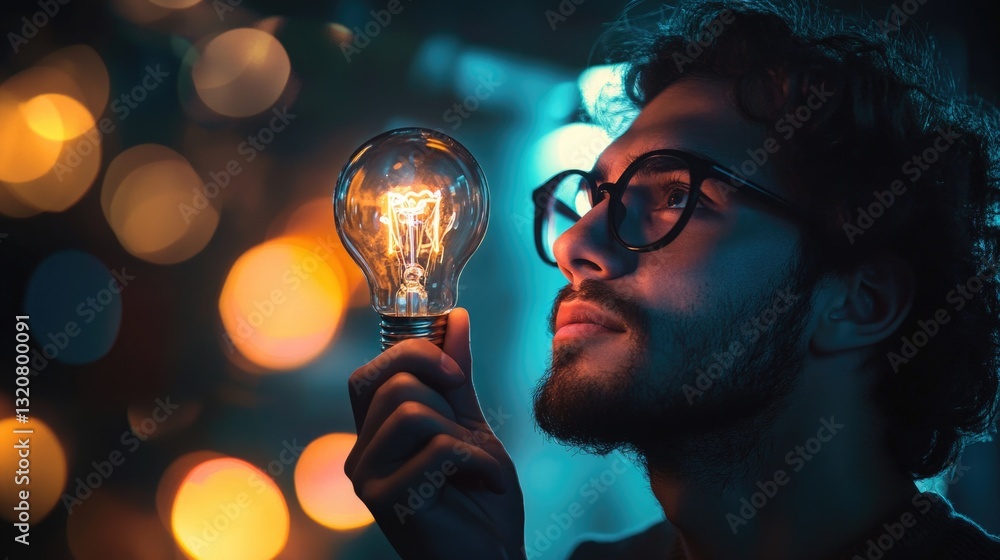 Poster a person holding a light bulb, possibly fixing or adjusting the light source