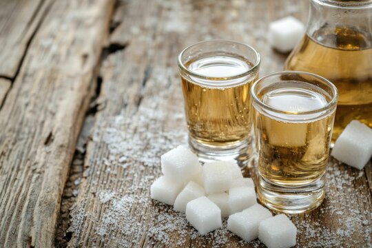 Brazilian Cachaca Liqueur. Two Shot Glasses of Cachaca with Sugarcane and Sugar on Rustic Wooden Background