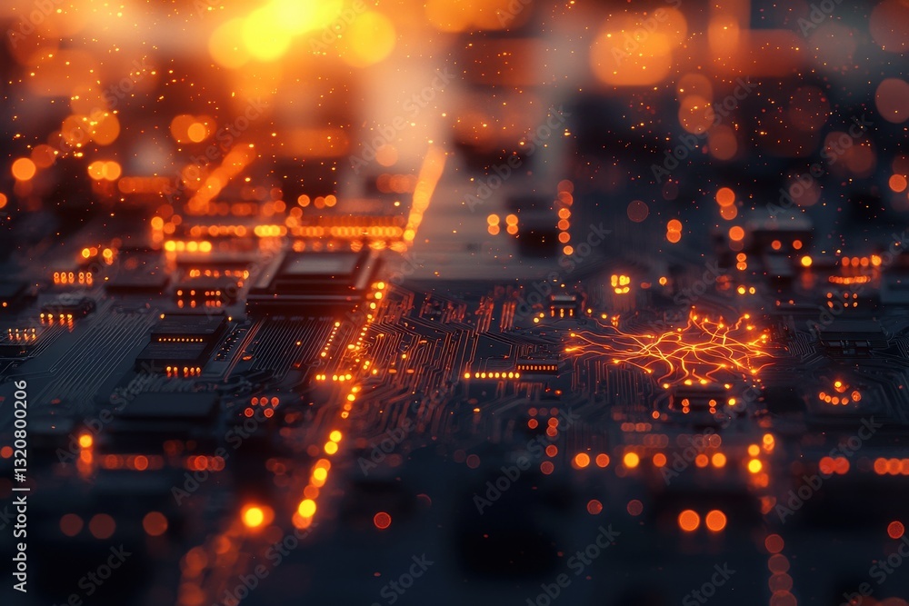 Poster an intricate circuit board glows with warm, orange light, showcasing the complexity of modern techno