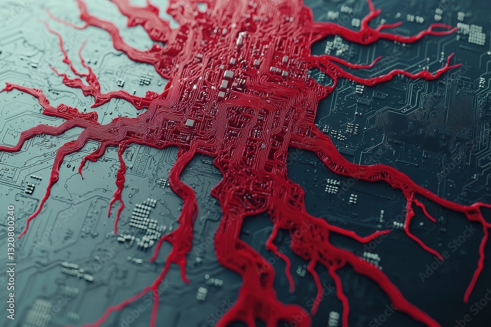 Poster intricate red network spreading across a dark circuit board, symbolizing digital connectivity, artif