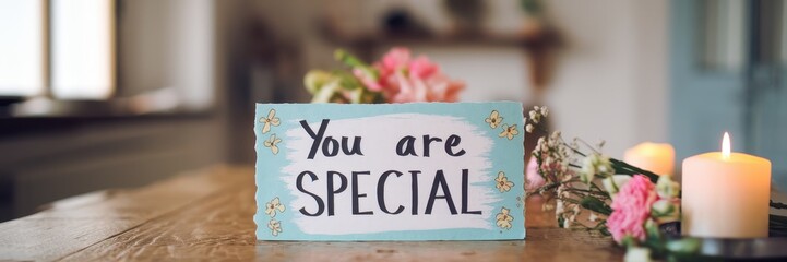 Romantic message on a wooden table with flowers and candles