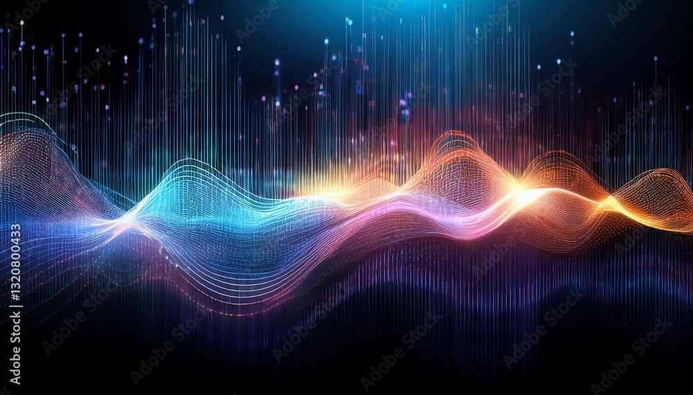 Poster a vibrant digital representation of sound waves, showcasing colorful frequencies and a dynamic flow 