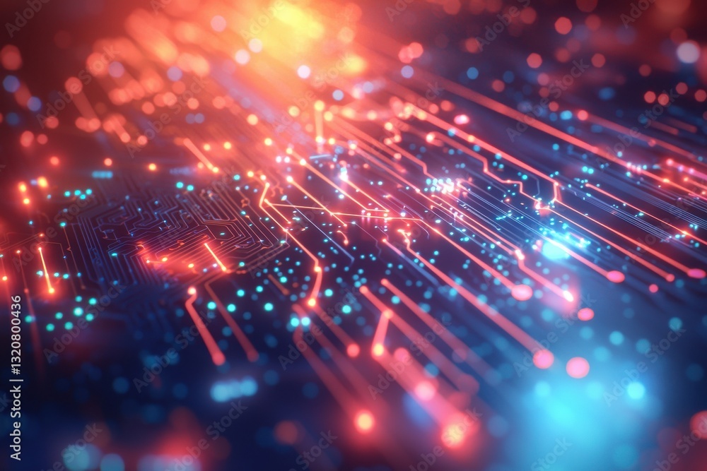 Poster an abstract futuristic technology background with glowing circuit lines, vibrant red and blue, repre