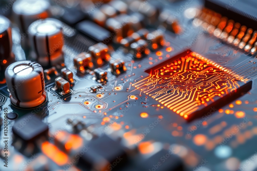Poster a detailed close-up of a modern computer circuit board, highlighting the complex network of illumina