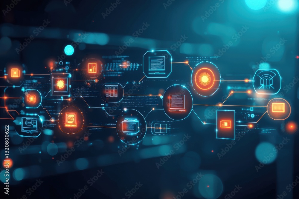 Poster abstract futuristic technological concept with glowing network connections and icons, showcasing dig
