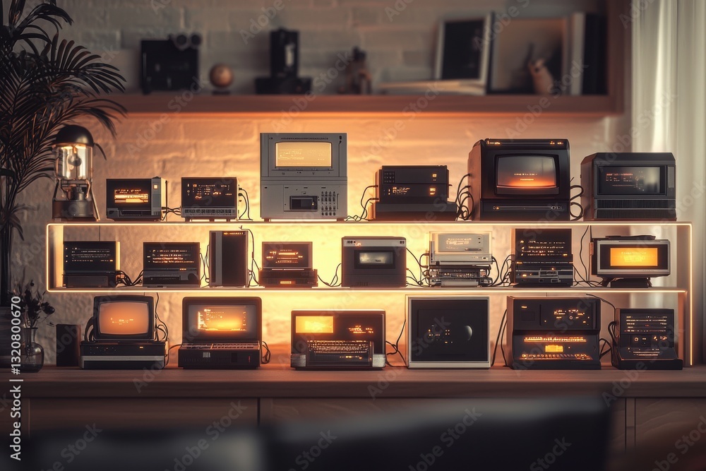 Poster a curated display of vintage computer systems and technology, showcasing retro designs and warm glow