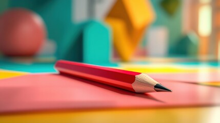 Red Pencil on Colorful Geometric Shapes Arrangement in Bright Workspace Setting