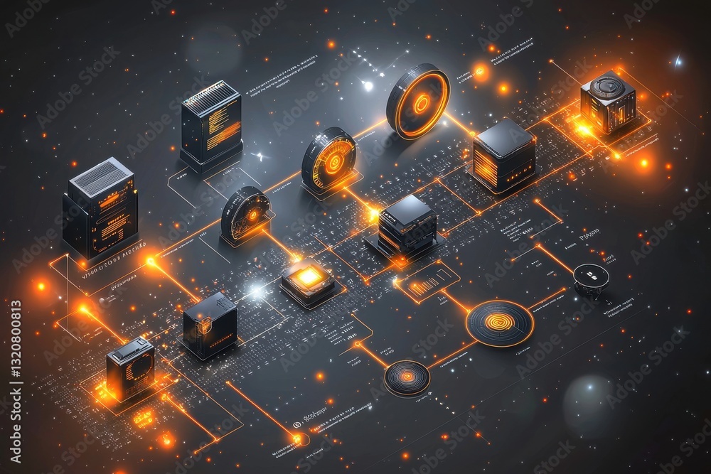 Poster futuristic technological background depicting a complex network of interconnected digital components
