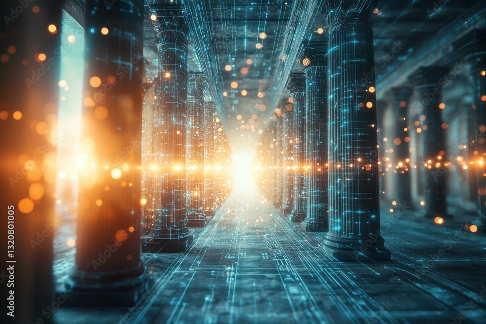 Poster a futuristic hallway with glowing blue lines and circuit patterns on columns, leading to a bright li