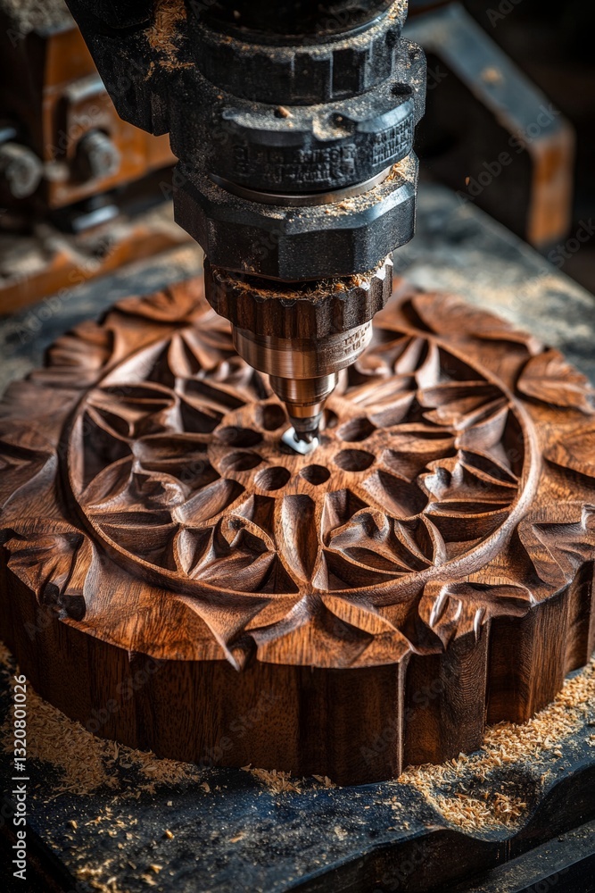 Poster cnc router creating intricate geometric pattern in dark walnut board, woodworking detail