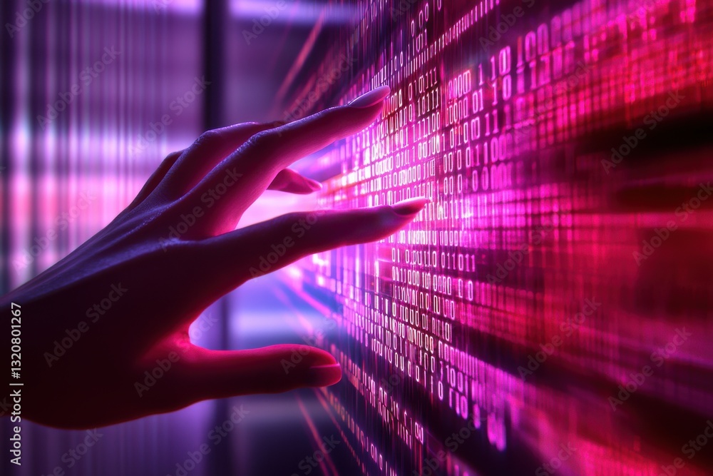 Poster a human hand interacting with a vibrant digital display of binary code, representing advanced techno