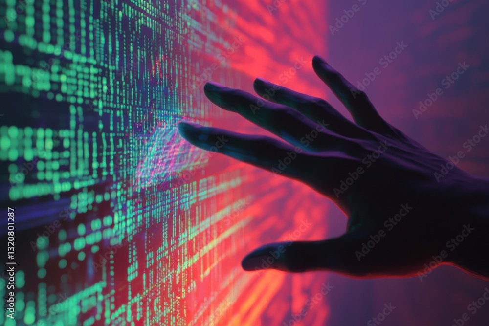 Poster a hand touches a digital screen displaying a complex web of data, hinting at advanced technology and