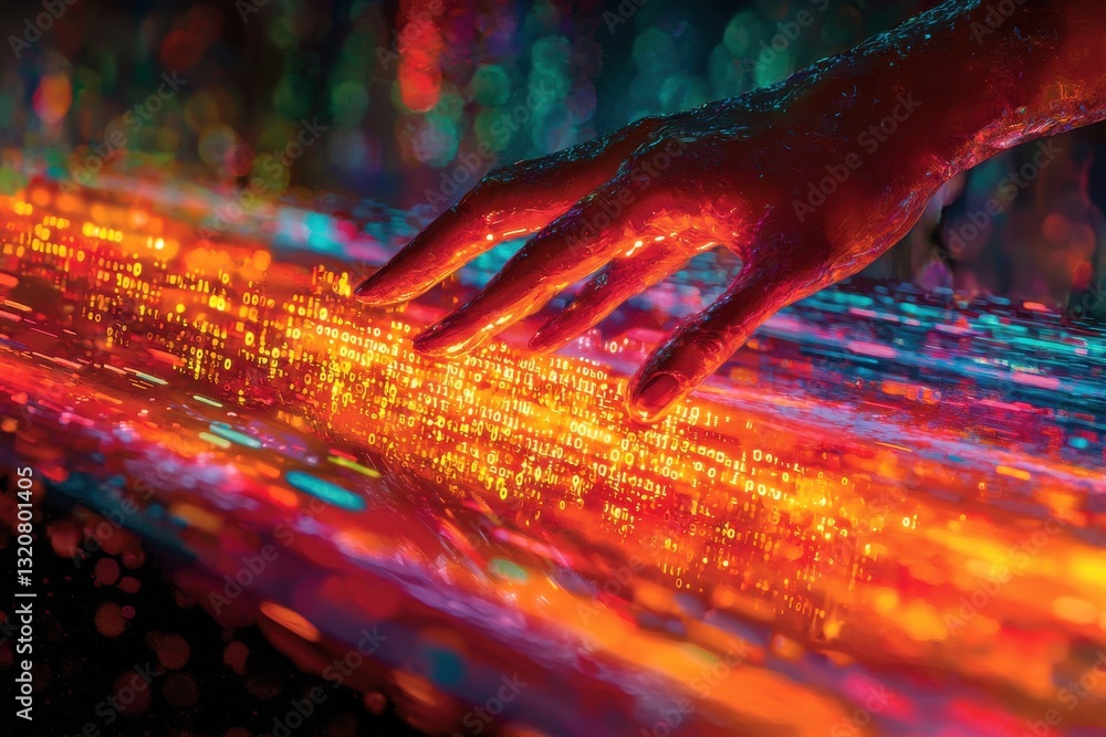 Poster a vivid illustration showcasing a hand interacting with flowing digital code streams, bright colorfu