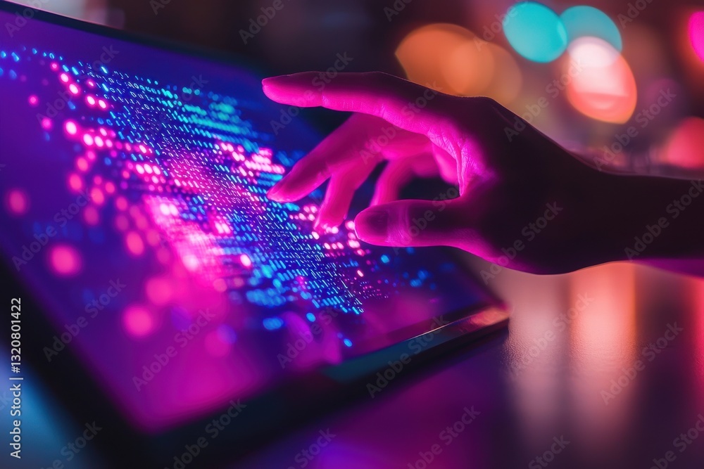 Poster a person interacting with a touch screen displaying a glowing matrix of data points, creating a vibr