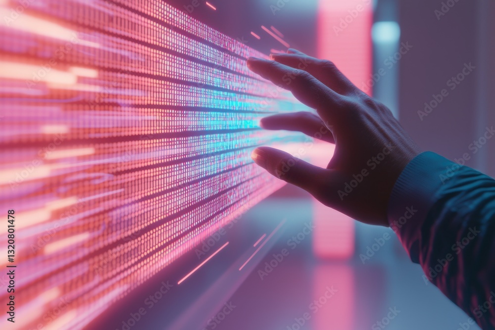Poster a hand interacting with a digital screen displaying horizontal rows of data and vibrant light trails
