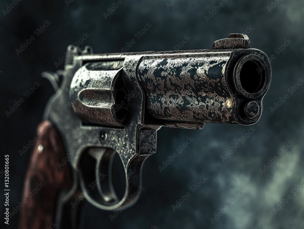 Poster a close-up shot of a gun on a black background, suitable for use in scenes where a weapon is being d
