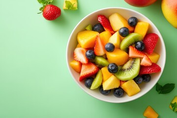 Freshly cut colorful fruit salad served in a bowl