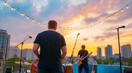 Sunset Outdoor Concert with Musicians Performing on Rooftop