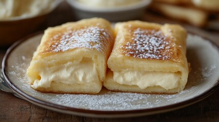 Cheese Blintzes. Plate of Sweet Cheese Cream Dessert, Traditional Meal