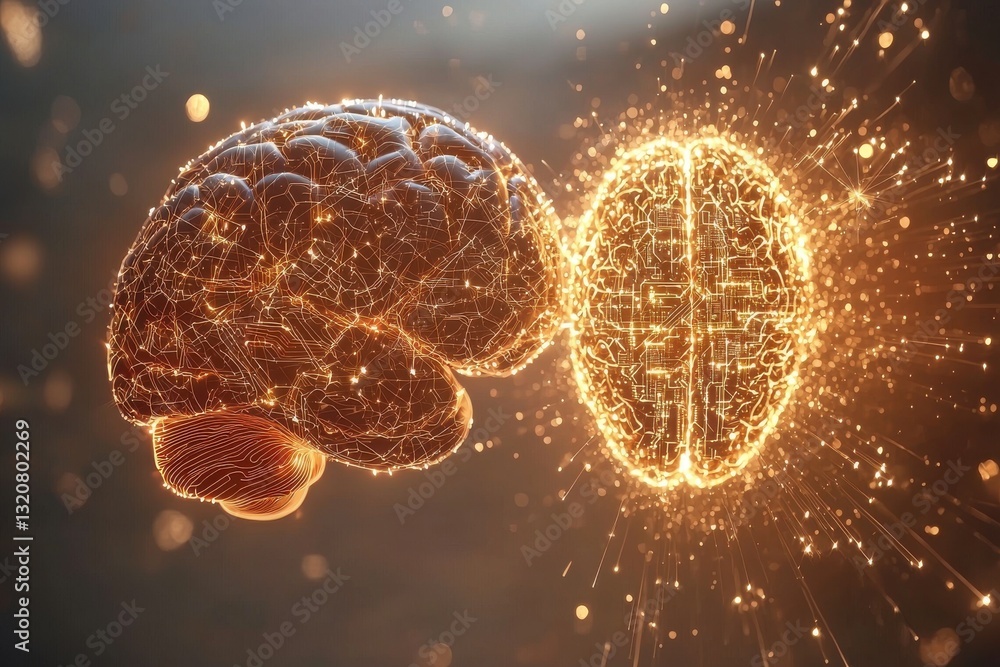 Poster two glowing human brains connected with shining wires, symbolizing artificial intelligence, machine 