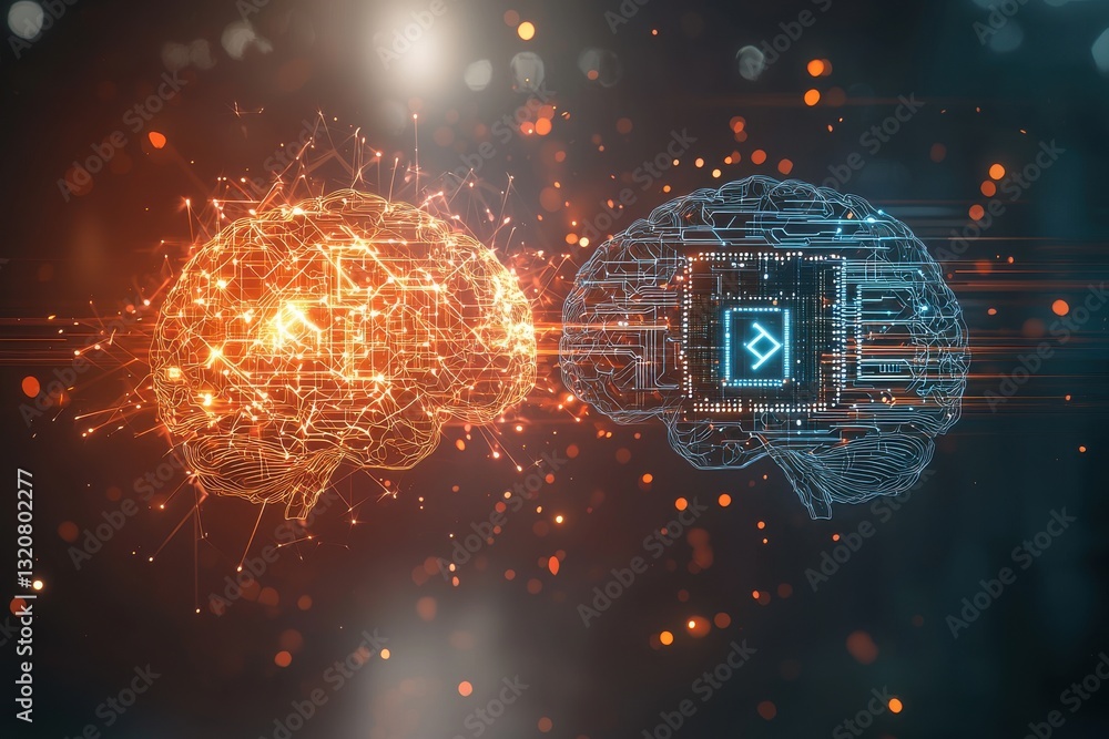 Poster two interconnected brains, one glowing orange and one blue, representing artificial intelligence, co