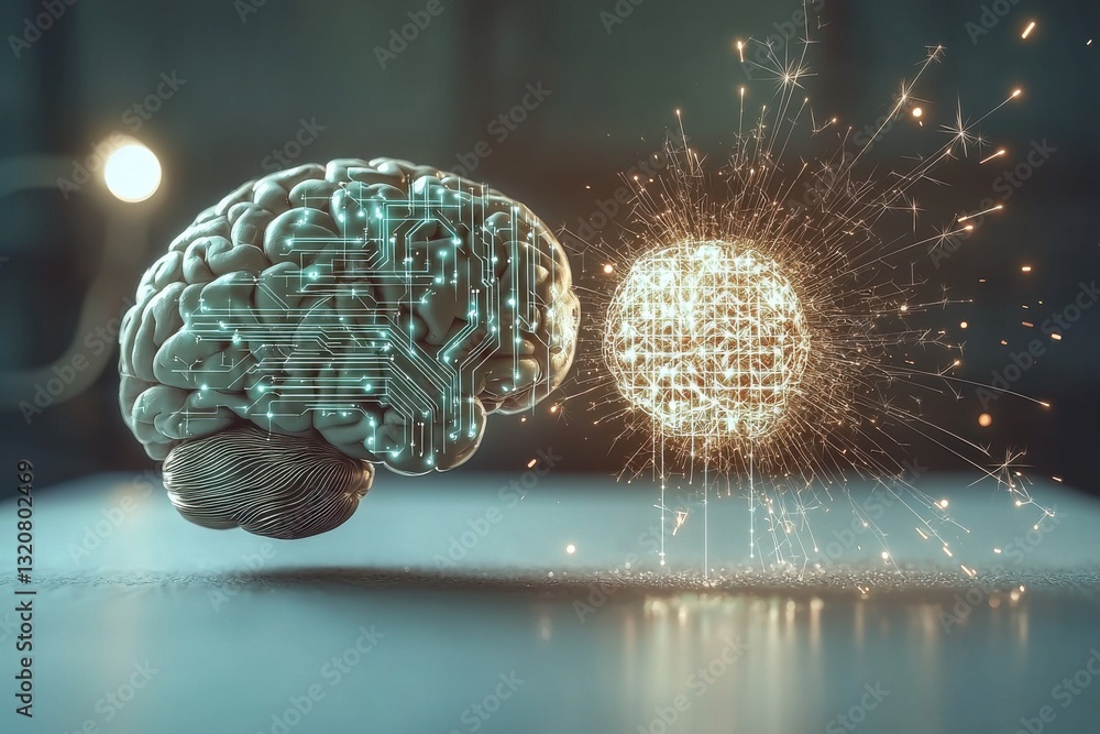 Poster artificial intelligence concept showing a brain with glowing circuit patterns and a glowing sphere w