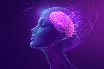 Epilepsy awareness concept. Side view of a purple human head and brain on a purple background. Epilepsy or seizure disorder.