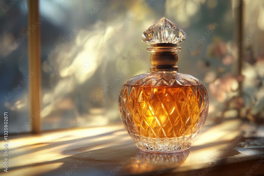 Aufkleber a single perfume bottle placed on a table, possibly for display or use