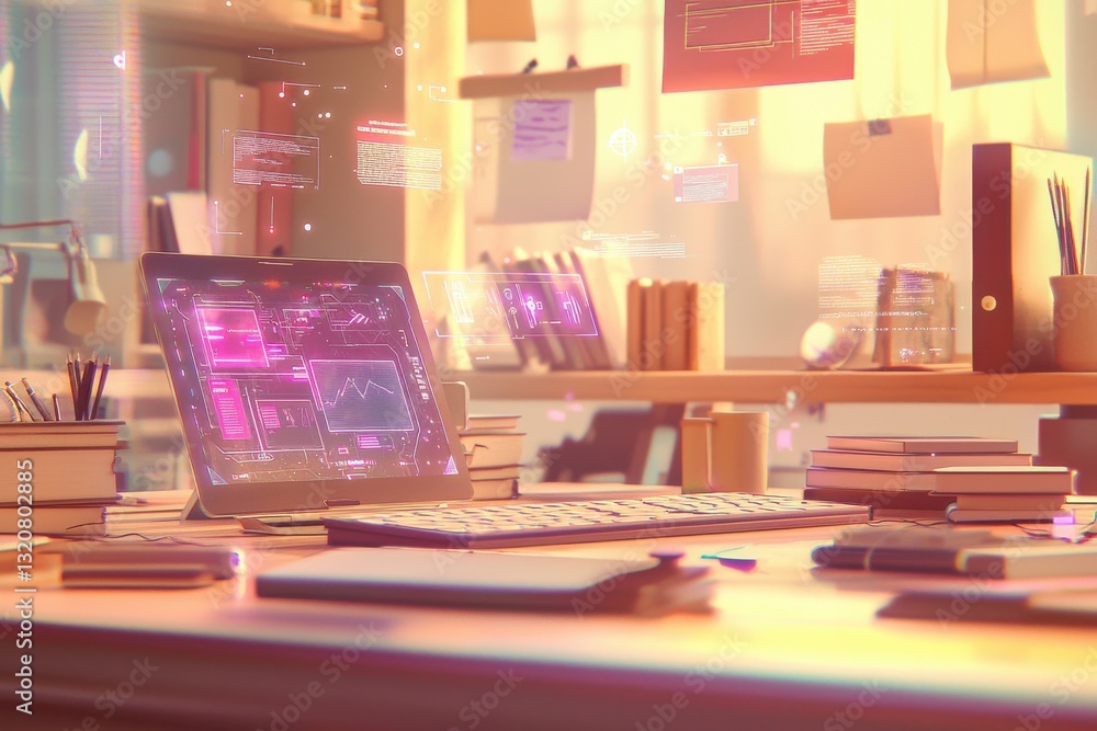 Aufkleber cozy home office setup with a modern laptop displaying data analytics and futuristic interface on th