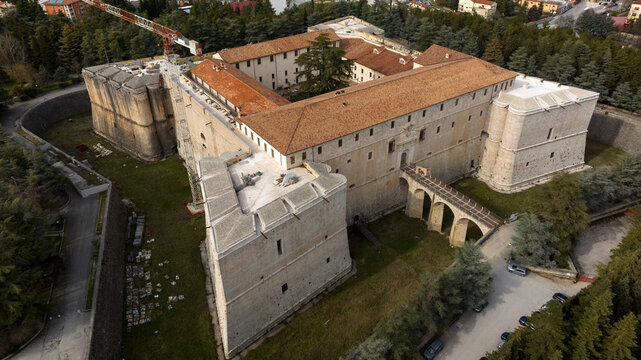 Aerial view of the Spanish Fort of L'Aquila, Abruzzo, central Italy. The Spanish Fort is a medieval and quadrangular castle.