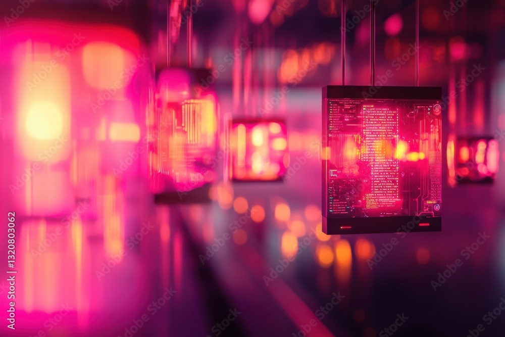 Poster abstract futuristic display of glowing pink screens with circuit board patterns, hanging in a modern