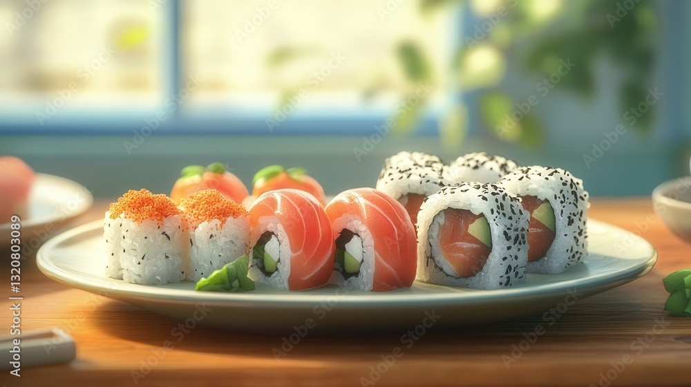 Aufkleber beautifully arranged sushi plate featuring spicy tuna and assorted rolls on a wooden table in a sere