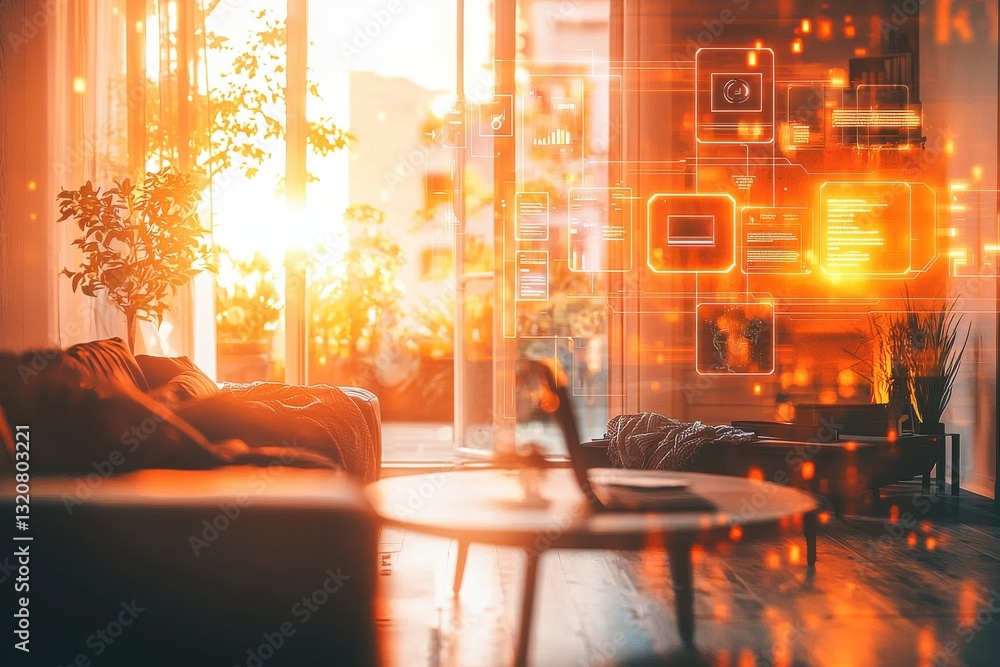 Aufkleber modern living room with augmented reality interface showing data analysis and visualization, blendin
