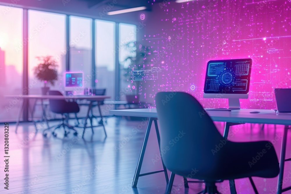Poster modern futuristic office with augmented reality interface and holographic data visualization, depict