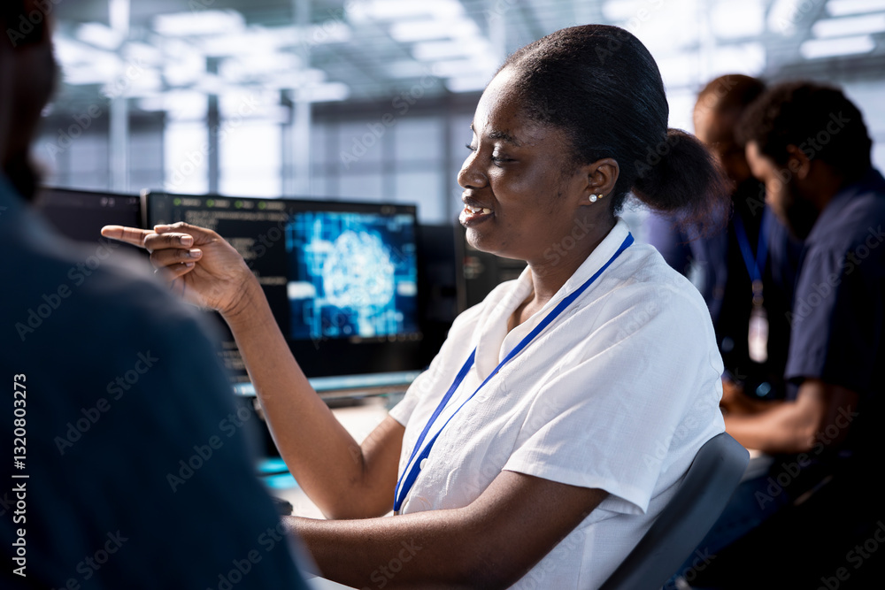 Poster smiling woman talking with colleague in server room, creating high performance ai systems on pc. che