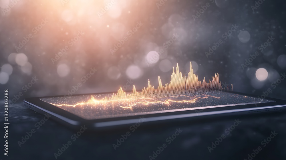 Aufkleber Dynamic data visualization on a tablet with glowing waveforms against a blurred background.