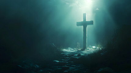 Fototapeta premium A serene depiction of the resurrection of Jesus, with an empty tomb, a glowing cross, and light from heaven shining through, symbolizing divine victory over death and the promise of eternal life.