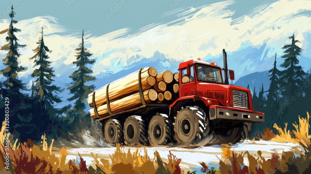 Poster red logging truck transporting timber on forest road with pine trees and mountain background in summ