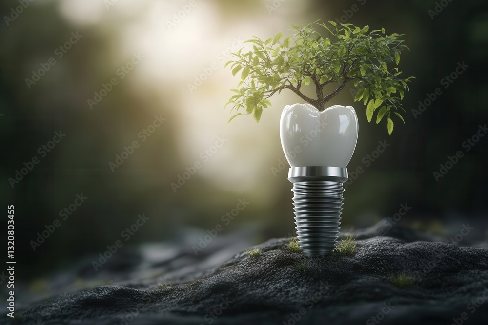 Poster strong tooth implant grows like a tree from healthy gums in a serene and metaphorical health environ